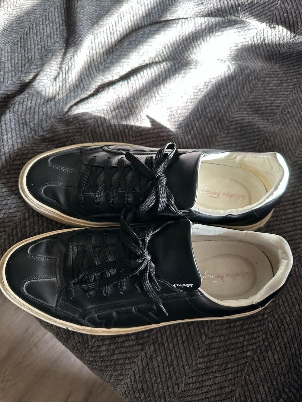 Salvatore Ferragamo Black Leather Low-Top Sneakers with White Trim